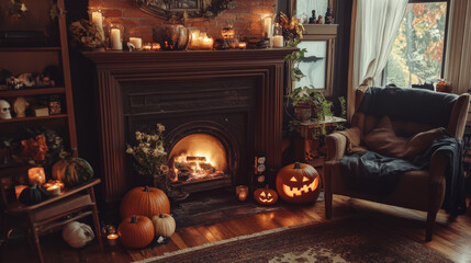 Obraz premium Halloween living room with pumpkins and spooky decorations 