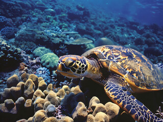 Fototapeta premium Sea turtle gracefully glides over vibrant coral reef in crystal clear ocean waters.