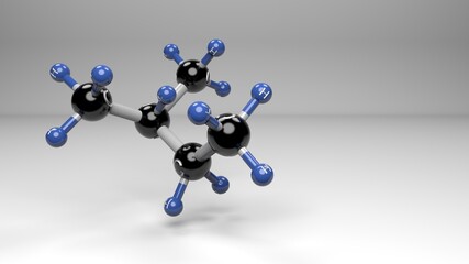 Isopentane molecule. Molecular structure of 2-Methylbutane, hydrocarbon present mainly in gasoline, resins and polyurethane foams.