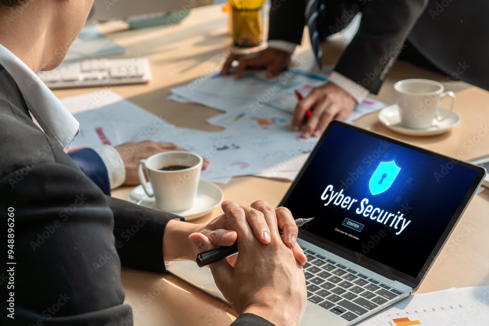 Poster cyber security system on computer screen protect private information snugly from hacker and cyber at