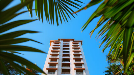 Fototapeta premium Tall White Building With Balconies The Top