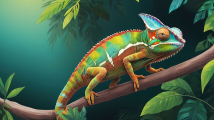 Obraz premium Close-up of a colorful chameleon on the branch with a bokeh background.