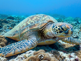Fototapeta premium A vibrant sea turtle peacefully rests on colorful coral in the clear ocean waters below.