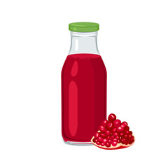 Pomegranate juice in bottle and piece of pomegranate fruit isolated on white background. Vector cartoon illustration of fresh fruit drink.
