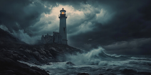 Abandoned lighthouse on a stormy rocky shore
