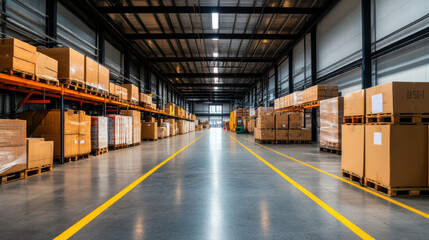 Fototapeta premium Wide-angle view of a spacious, modern warehouse with neatly stacked boxes on pallets, showcasing efficient storage and organization.