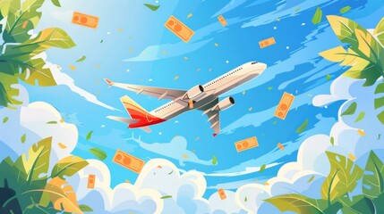 Conceptual poster sales and discounts of airplane tickets. Vector illustration. 