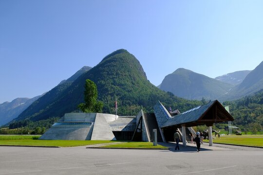 FJ&AElig;RLAND, Norway - circa July 2021: Norwegian Glacier Museum, designed by the famous Norwegian architect Sverre Fehn. It is next to Boyabreen Glacier.