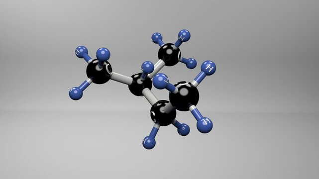 Isopentane molecule. Molecular structure of 2-Methylbutane, hydrocarbon present mainly in gasoline, resins and polyurethane foams.