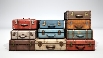Few vintage ancient retro suitcases isolated on white background. Concept of travel luggage. Neural network ai generated art