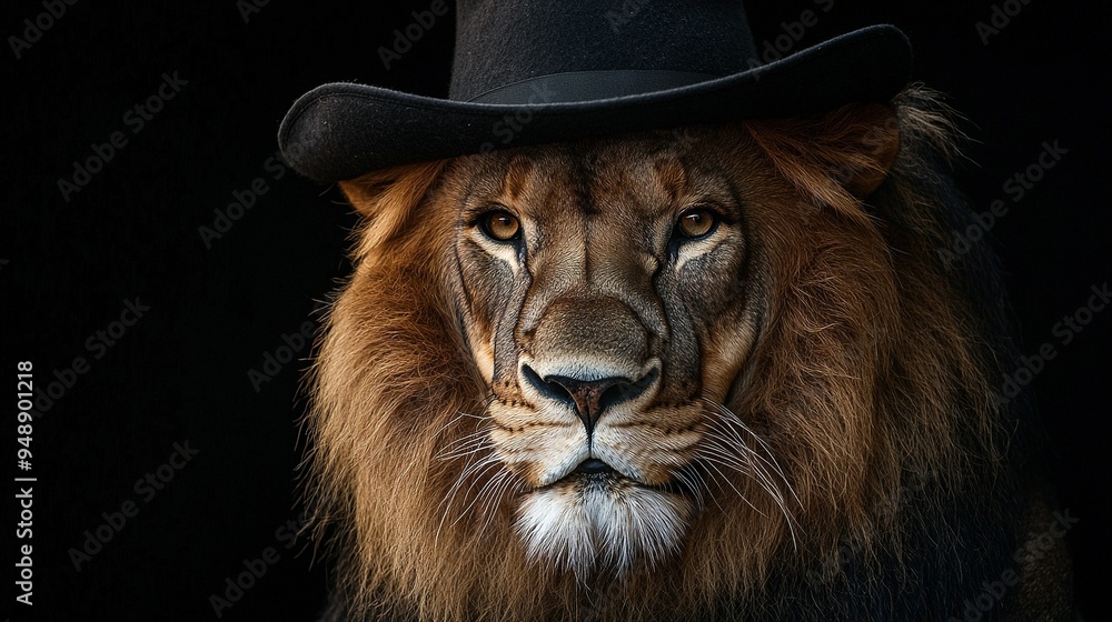 Canvas Prints   A lion wearing a hat on its head and another hat atop it