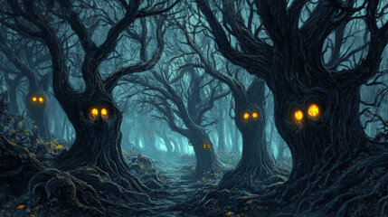 Halloween Haunted Forest with Glowing Eyes Peering from the Darkness
