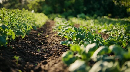 Weeding beds with agricultura plants growing in the garden. Weed control in the garden. Cultivated land close-up. Agricultural work on the plantation.generative ai