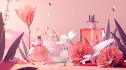 Tender stylish perfume composition, bottles of perfume and flowers, pinkish illustration.