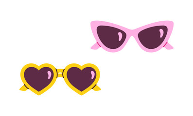 Doll clothes concept. Pink and yellow sunglasses in heart shape. Beauty, elegance and aesthetics. Fantasy and dream. Trendy glasses sticker. Flat vector illustration isolated on white background