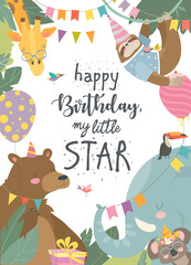 Vector frame with cute animals celebrating Birthday