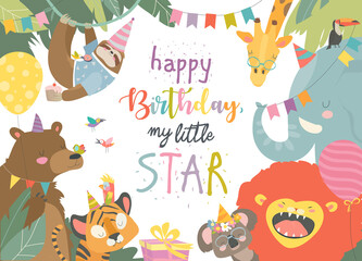 Obraz premium Vector frame with cute animals celebrating Birthday