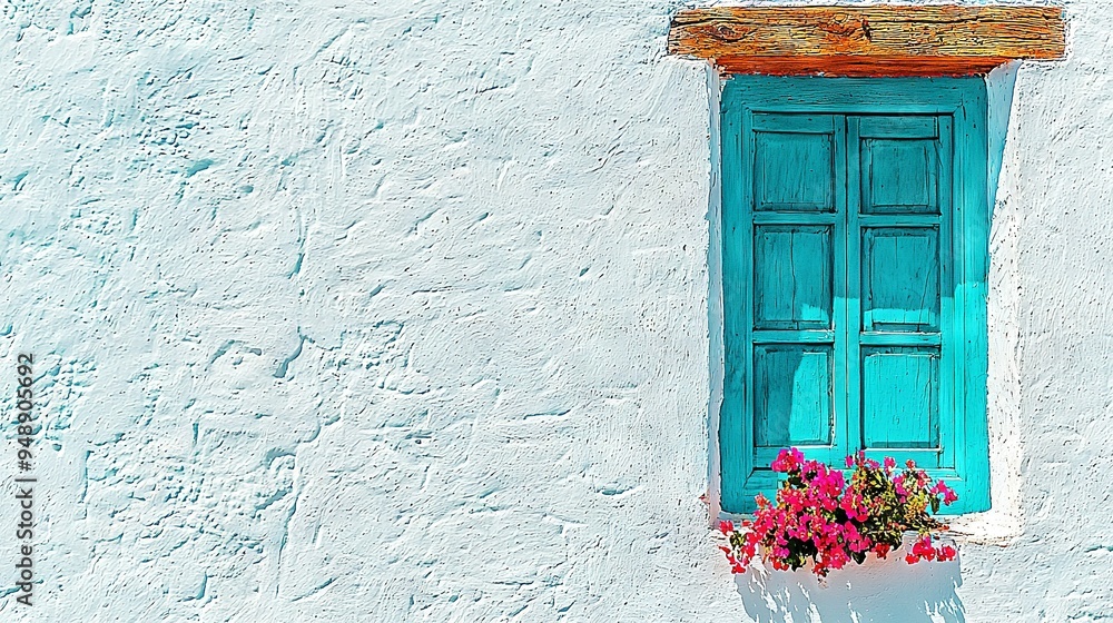 Sticker a blue and white building with a green window, pink flowers in planters, and a stunning view of the 