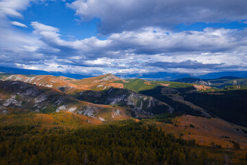 Beautiful autumn landscape with yellow trees Altai mountains, Siberia, Russia. Aerial top view photo