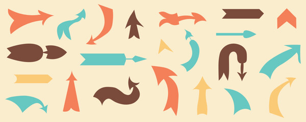 Vintage direction arrows. Retro navigation icons, old simple cursor banner, retro target and navigation pictograms. Vector isolated set of signboard pointer information illustration