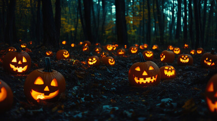 Spooky Dark Halloween Woods with Glowing Jack-o'-Lanterns Lining the Path
