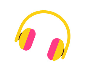 Headphones concept. Pink and yellow earphones. Device for listening to music and songs. Beautiful icon or sticker. Flat vector illustration isolated on white background