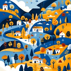 Abstract Illustration of a Colorful Village in a Mountainous Landscape