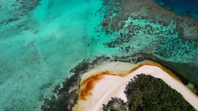 Aerial view of red algae bloom - Red Tide - on coral reef on record hot day in the south Pacific - The effect of climate change on coral reefs