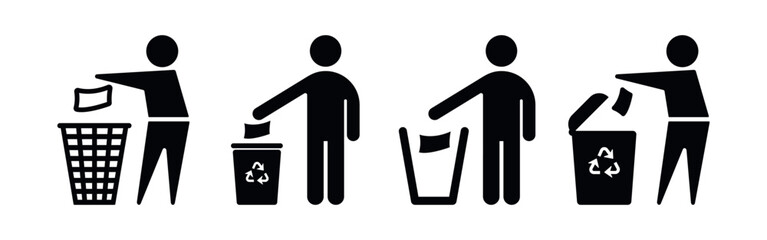 General Waste, Recycling Vector Flat Icon Set on White Background. Throw Garbage Signs, Keep Clean and Man Throws Trash Symbols.