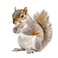 Cute gray squirrel sitting with paws clasped and fluffy tail raised