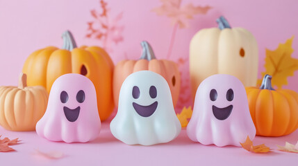 Fototapeta premium Friendly ghosts and pastel pumpkins for Halloween 