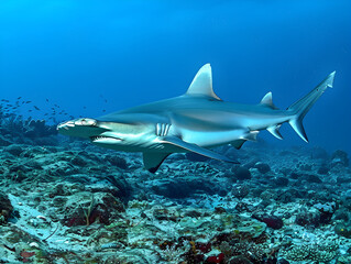 Obraz premium Hammerhead shark swimming alone in the vast ocean depths, a majestic and powerful predator lurking.