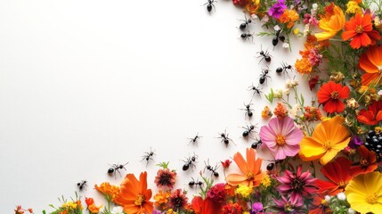 Ants and Flowers on White Background.