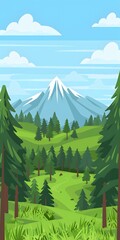 Fototapeta premium Green Mountain Landscape Illustration with Snowy Peak