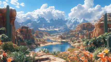 Fototapeta premium A vibrant desert landscape with mountains, lush greenery, and a tranquil lake under a bright blue sky