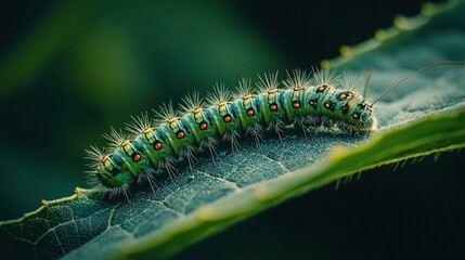 Naklejka premium Green caterpillar close-up on leaf, surrounded by caterpillars