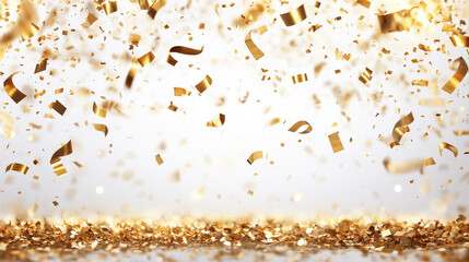 Golden confetti falls gracefully to the ground during a festive celebration, creating a vibrant atmosphere of joy and excitement