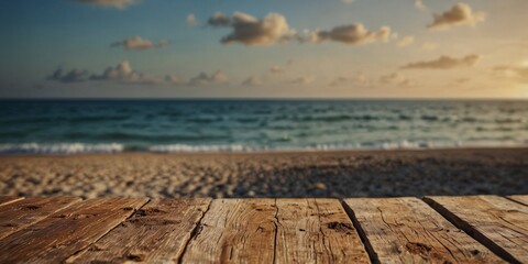 Fototapeta premium Empty Wood Table with Beach Background Marketing Promotion Space.