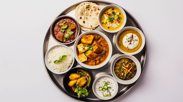 Veg indian thali isolated on white background 