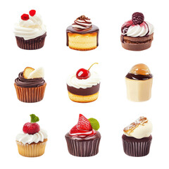 Assorted colorful cupcakes with various toppings and fillings on a white background