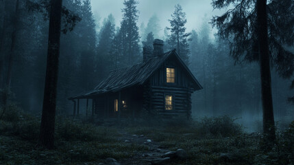 Forest Cabin in a Dark, Eerie Halloween Night Setting
