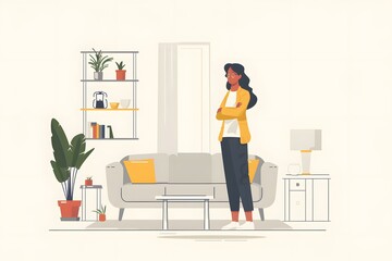 Woman Standing in Living Room with Sofa and Plants
