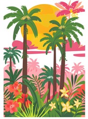Tropical Palm Trees and Flowers Illustration