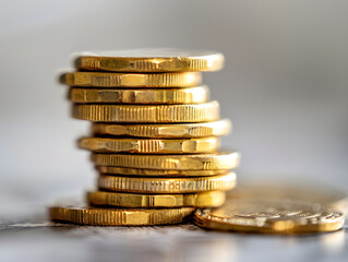 A tall stack of shiny gold coins in a 6V style, with a raw, metallic look.