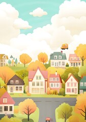 Fototapeta premium Autumn Village Illustration with Flying Car