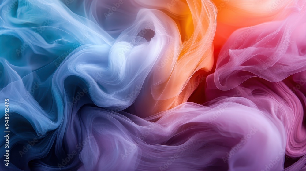 Poster abstract colorful swirls of light in smooth flowing motion, merging shades of blue, orange, and purp
