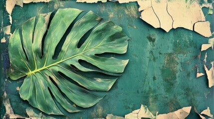 Green Monstera Leaf on a Rustic Teal Background.