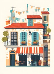 Colorful French House Illustration with Red Roof and Striped Awning