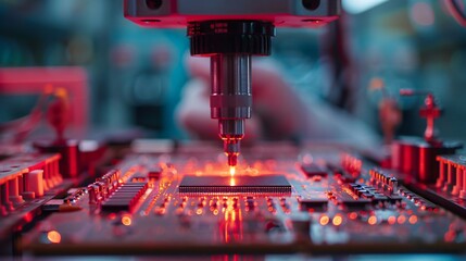 Macro of microchip on circuit board in electronics manufacturing
