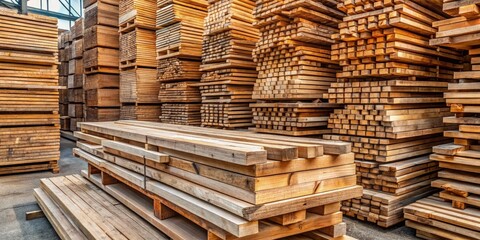 Stacked planks of brown and gray wood in a sawmill during daylight hours. Generative AI